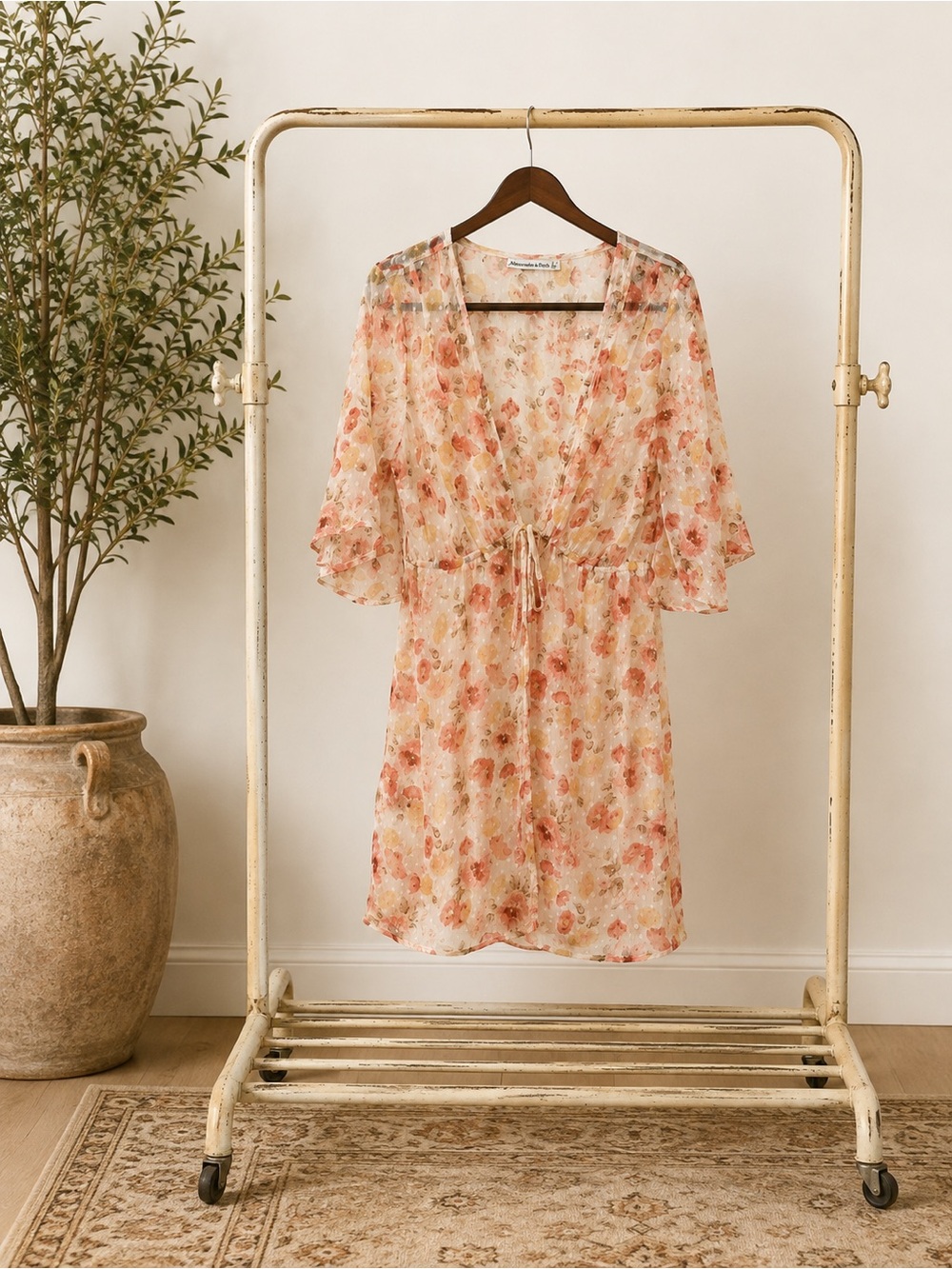Sheer Floral Tie-Waist Robe — Peach Floral